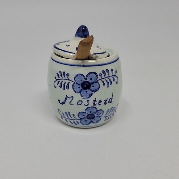 Vintage Delft Holland Salt & Pepper Shakers Blue /White Tray Set Mustard Jar - Picture 6 of 14